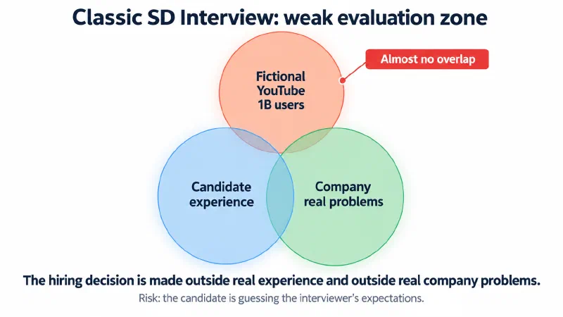 Classic system design interview with weak overlap between candidate experience, company real problems, and fictional hyperscale problems.