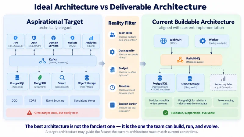Ideal architecture filtered through team skills, operations capacity, budget, timeline, and support burden into a current buildable architecture.