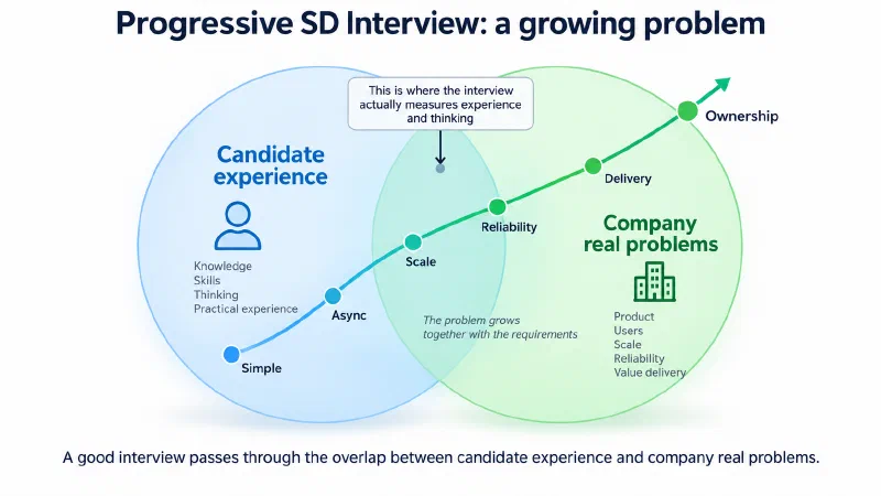 Progressive system design interview where the problem grows from a simple system toward scale, reliability, delivery, and ownership.